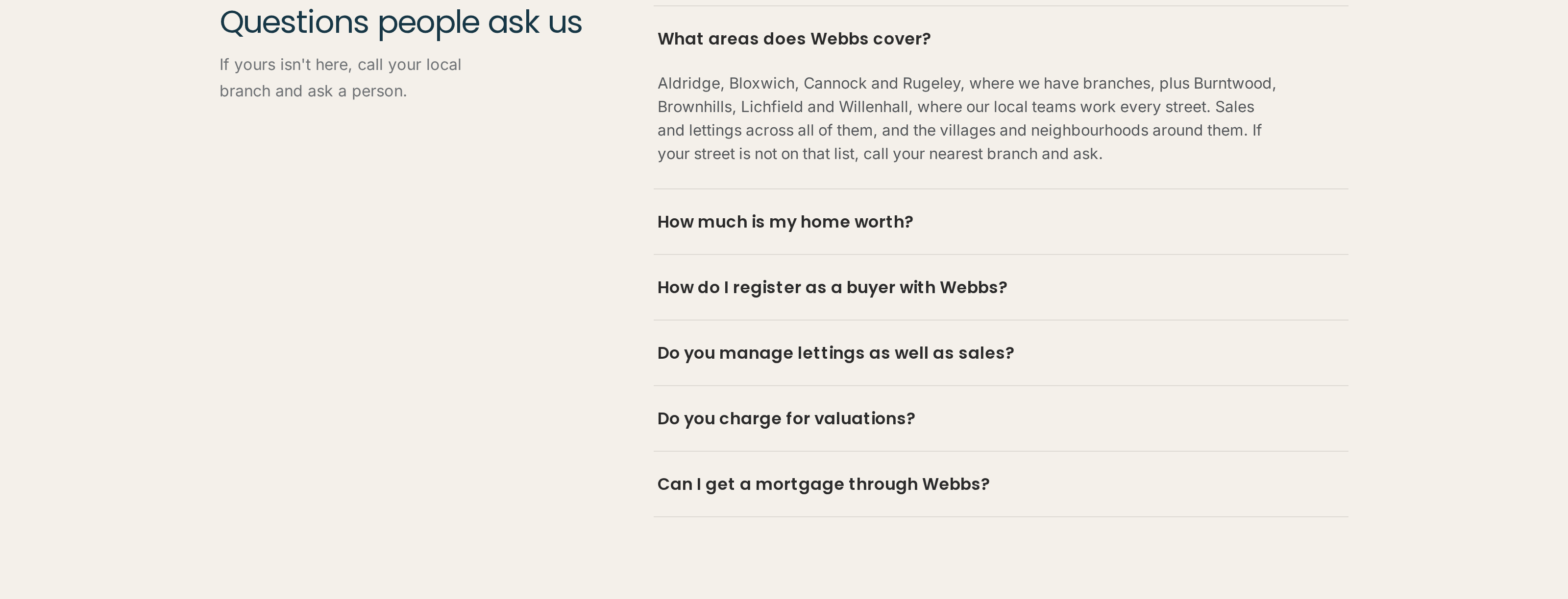The FAQ section on the redesigned Webbs homepage