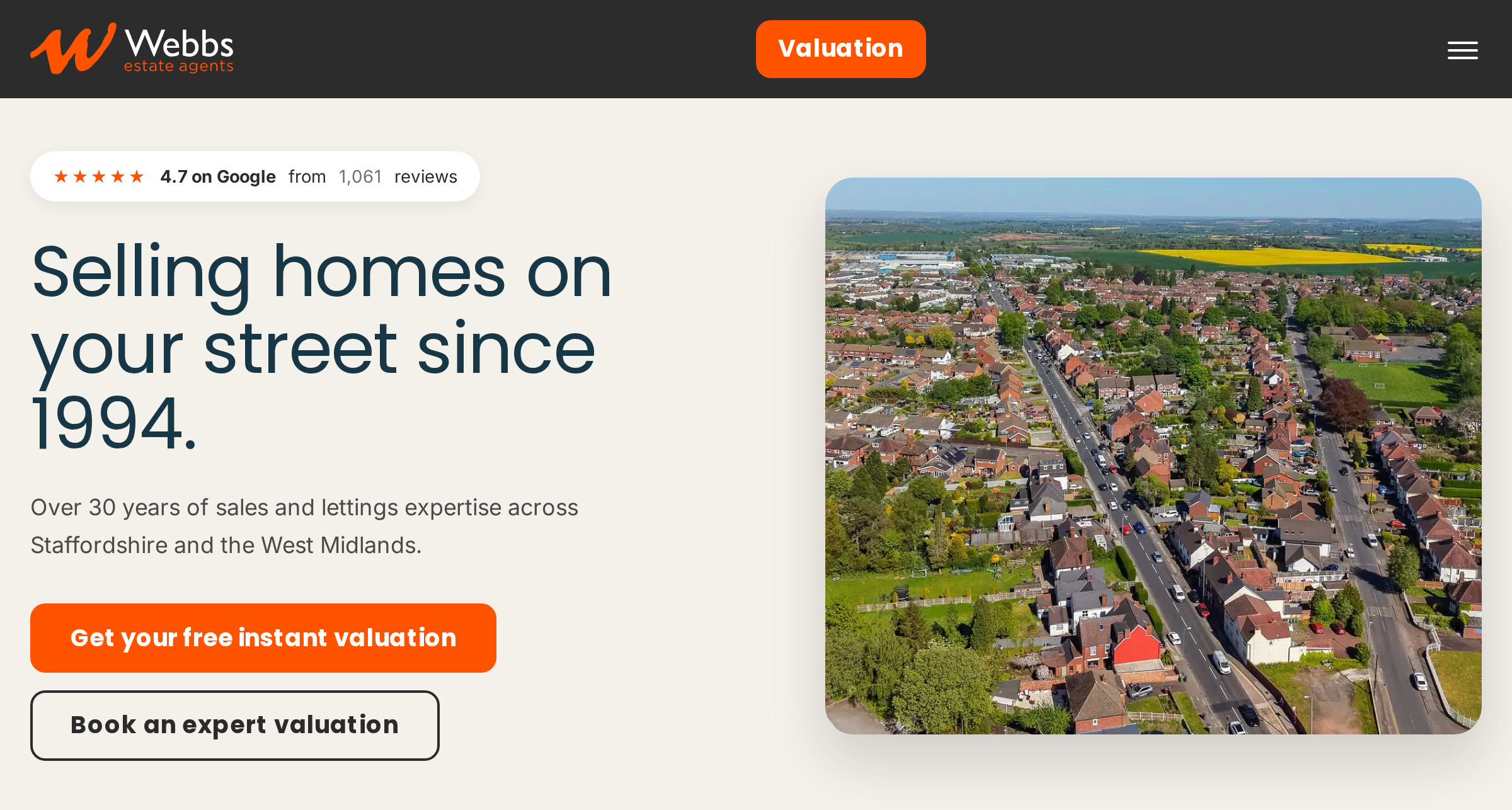 The redesigned Webbs homepage, with a clear header, bright imagery, and prominent valuation buttons