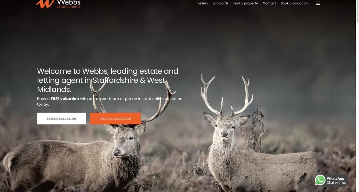 The previous Webbs homepage, with a dark header, a photograph of deer, and two valuation buttons